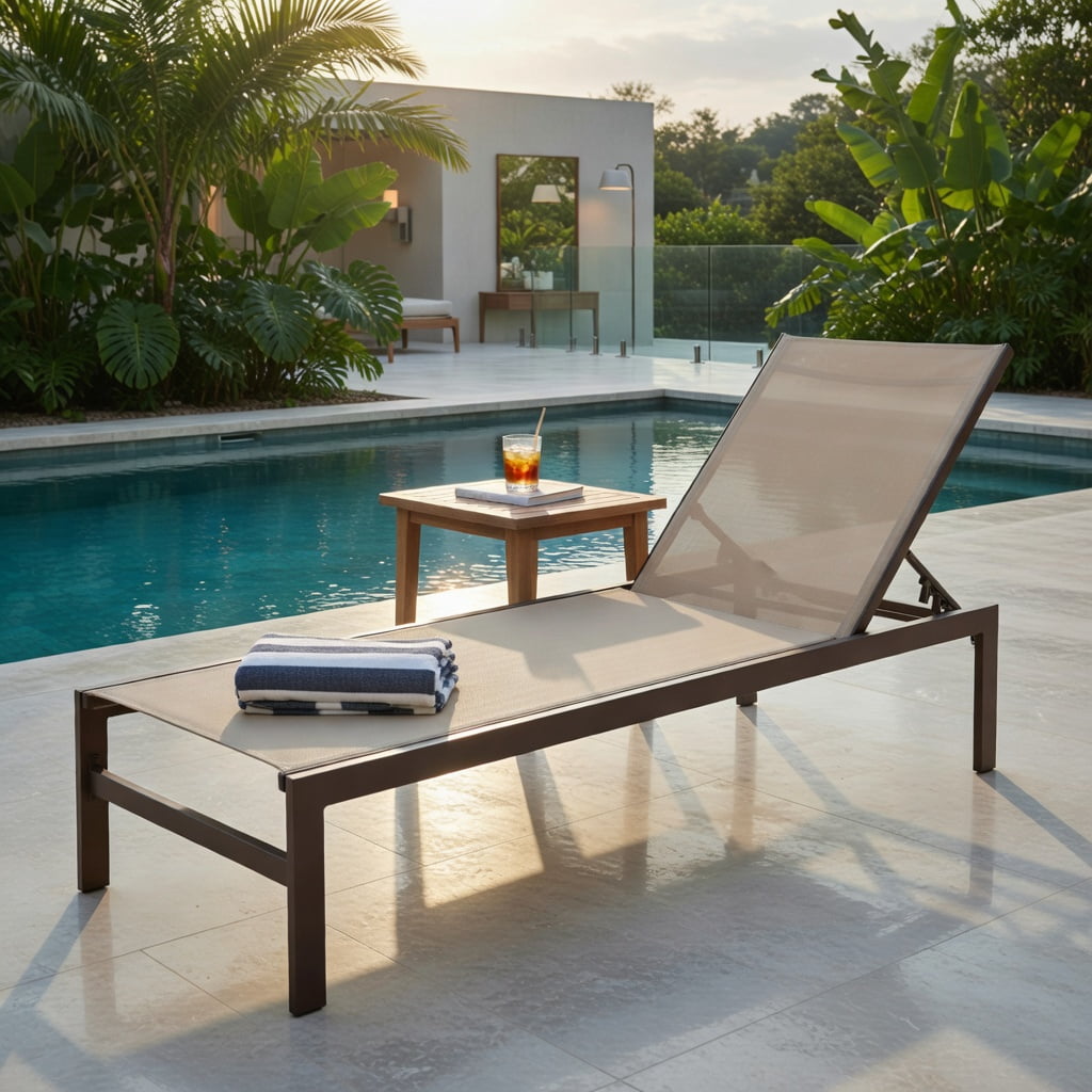 Hommoo 6-Position Adjustable Chaise Lounge Chair, Rustproof Aluminum Frame, Breathable Quick-Dry Fabric, Flat-Lay Recliner for Patio, Poolside & Backyard, Brown
