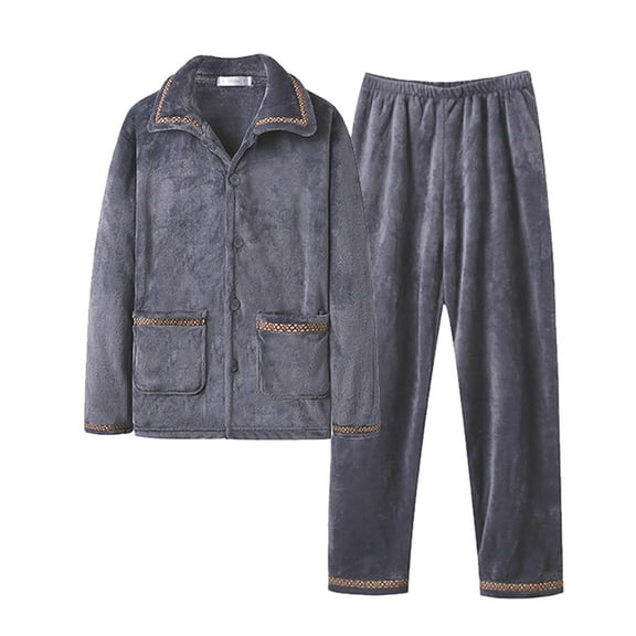 Mens Pajamas Set 2 Piece Plush Warm Long Sleeve Lapel Button Up Thickened Sleepwear and Pajamas Pants Classic Fit Loungewear