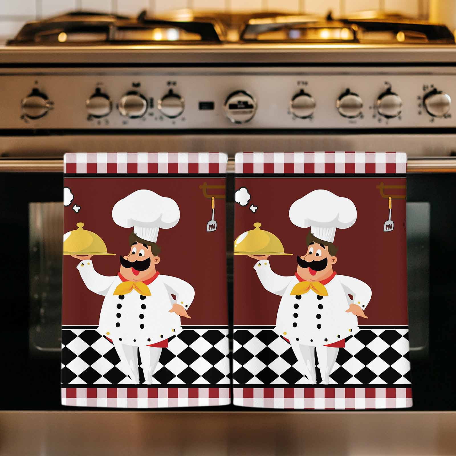 Fat Chef Kitchen Towels Set of 3, Red Gourmet Kitchen Red Black Buffalo Plaid Soft Microfiber Dish Towels, Absorbent Quick-Dry Washable Dishcloths for Kitchen Cleaning, Drying Dishes, 18x28 Inches