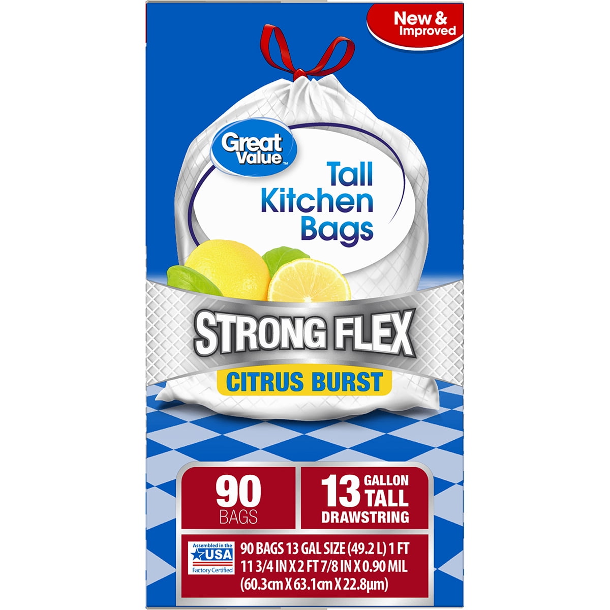 Great Value Strong Flex Tall Kitchen Drawstring Trash Bags, Citrus Burst, 13 Gallon, 90 Count