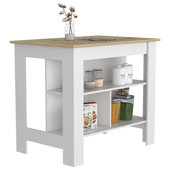 TUHOME Cala Kitchen Island with Storage and Seating, 3 Shelves, Wide Top, Engineered Wood