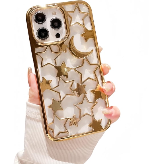 Star Phone Case for iPhone13 Pro Case Luxury Star Moon Hollow Out Design Electroplating Soft TPU Shockproof and Drop-Proof Suitable for Women Fashion Case - Gold