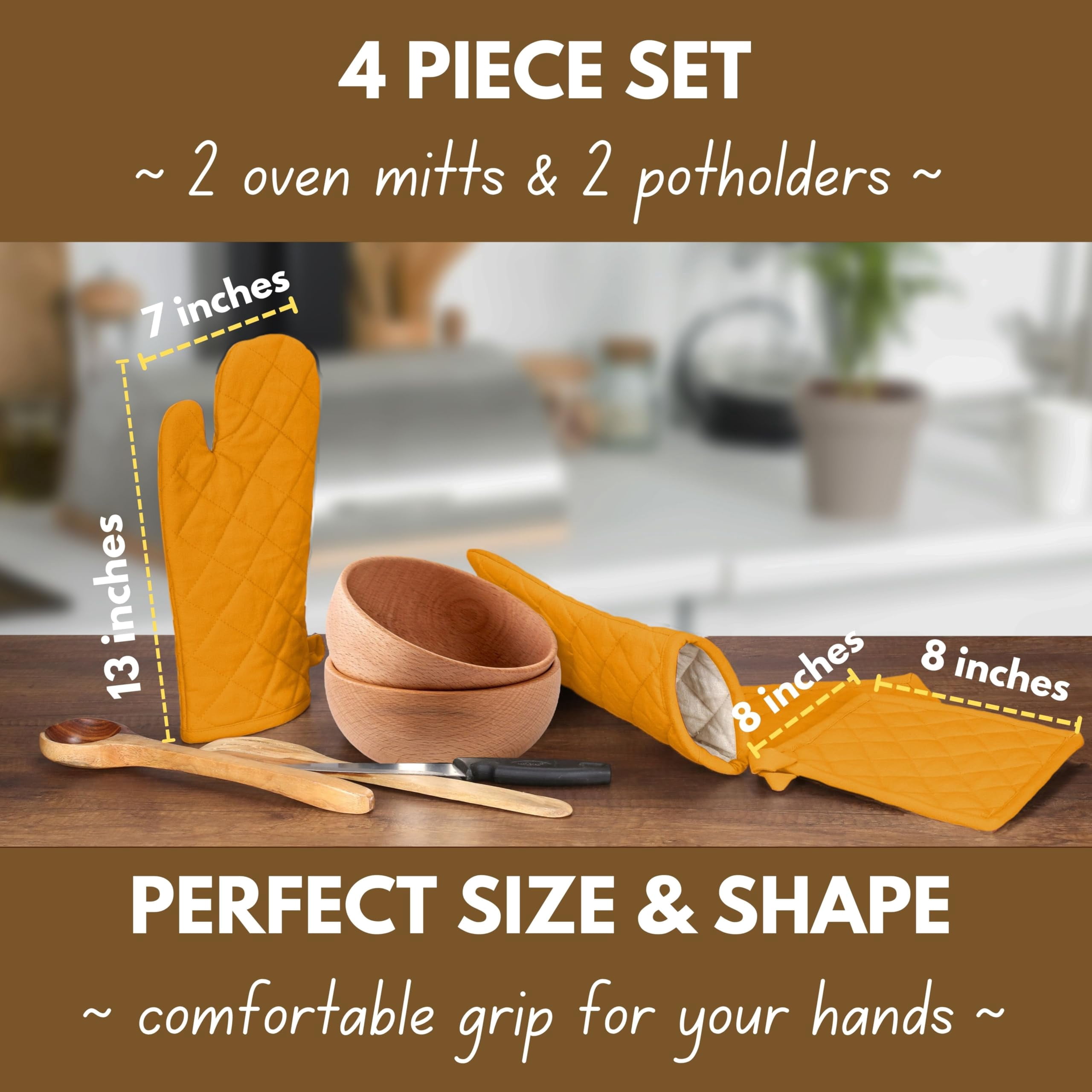 Native Fab Oven Mitts & Potholders Set, Heat Resistant, 100% Cotton, Quilted Design, Non-Slip Grip, Ideal for Baking, Cooking, BBQ, Kitchen Protection - Mustard Yellow