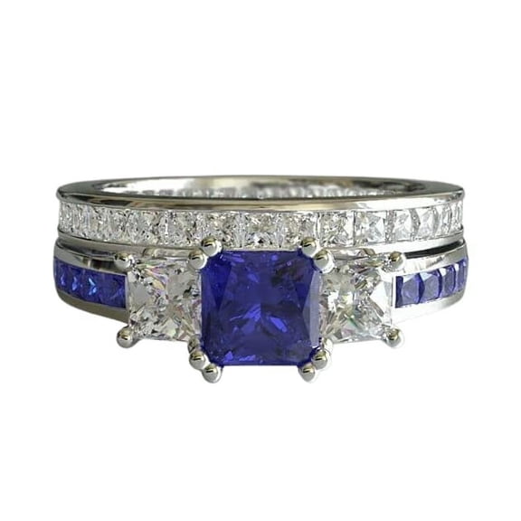 HeartsAndYou 3.3ct Natural Sapphire Diamond Bridal Set Trilogy Ring Band 14k SOLID White Gold