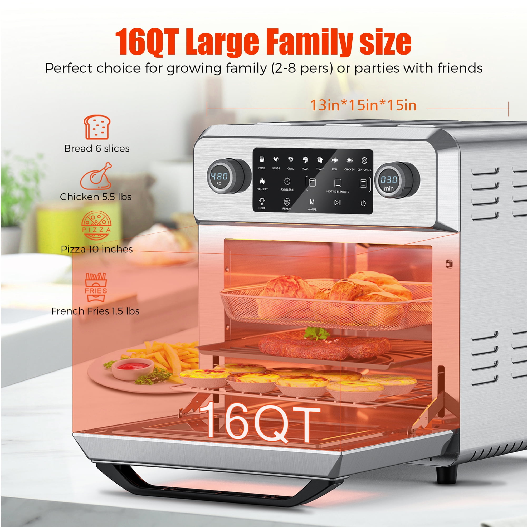 KBS 10-in-1 Toaster Oven with Rotisserie, 1700W Air Fryer Combo for  Dehydrate Bake Broil Roast Toast, for $160 - FM9010
