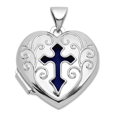 925 Sterling Silver Rhodium Plated Blue Fabric Open Religious Faith Cross 18mm Love Heart Locket Locket Necklace for Wom