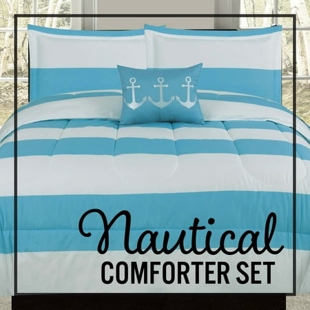 Nautical Coastal Stripes Twin Comforter Bedding Bed Set Blue And