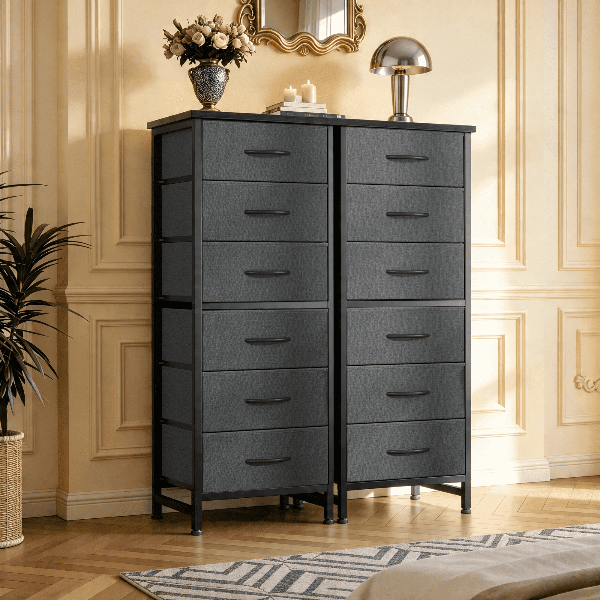 CONCETTA Tall Storage Dresser with 6 Fabric Drawers, Metal Frame with Cross Support Rods, Anti-Tip, Wood Top for Bedrooms, Offices and Compact Spaces, Gray