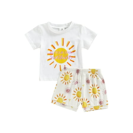 

One opening Toddler Girl Short Pants Outfits Short Sleeve Letter Printed Crew Neck T-Shirt + Elastic Sun Pattern Shorts Set