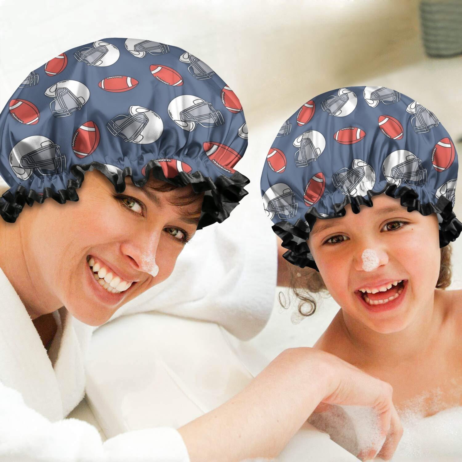 Shower Caps,Blue Football Helmets and Balls Pattern Waterproof Shower Cap for Women 4 Pieces,Double Reusable Hair Cover for Shower PEVA Elastic Stretch Hem