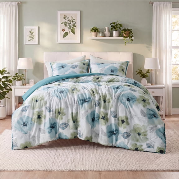Regency Heights Full/Queen Comforter Sets, 3 Pieces Reversible Floral Bedding Sets, Cozy Botanical Flowers Seersucker Comforter Bed Set with Pillow Sham, Sage/Teal