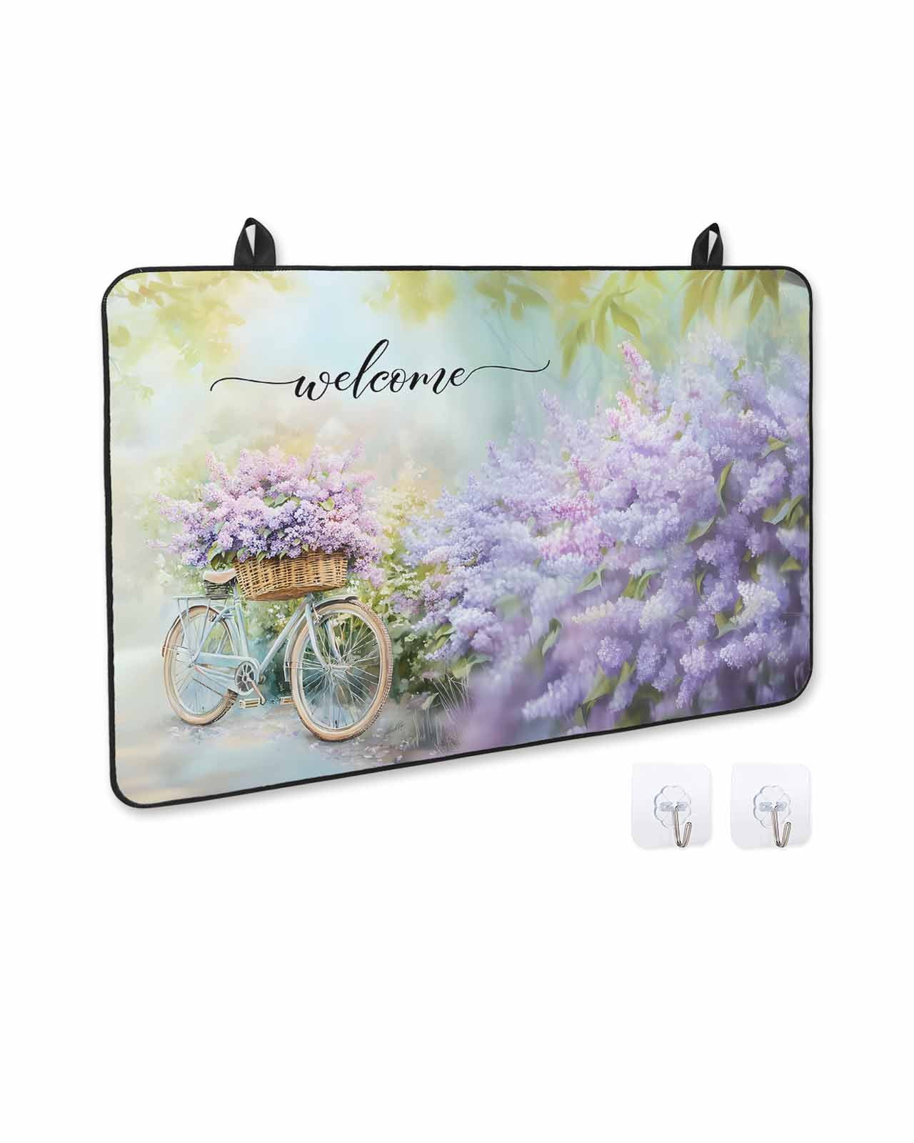 nqOlkjepod Large Induction Cooktop Protector Mat 28.5"x20.5", Purple Lavender Stove Top Covers for Electric Stove, Spring Leaves Bike Farm Country Garden Stove Burner Cover Mats Stove Cover