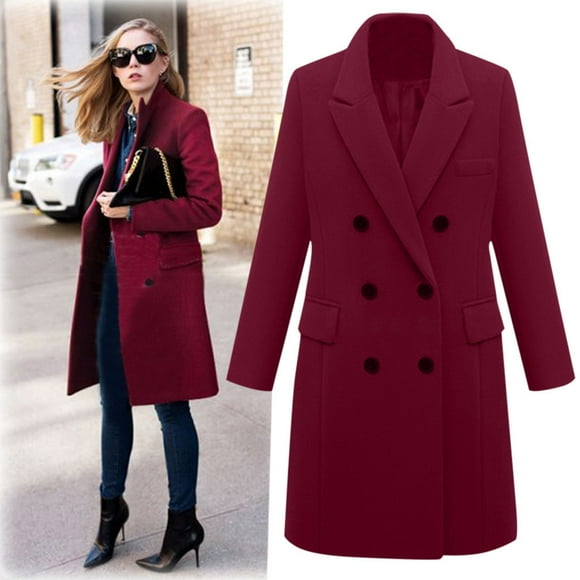 Aboser Womens Double Breasted Overcoat Mid Length Trench Jacket Elegant Notched Collar Peacoat Business Casual Woolen Coat Ladies Work Office Over Coats Wine XXXXL