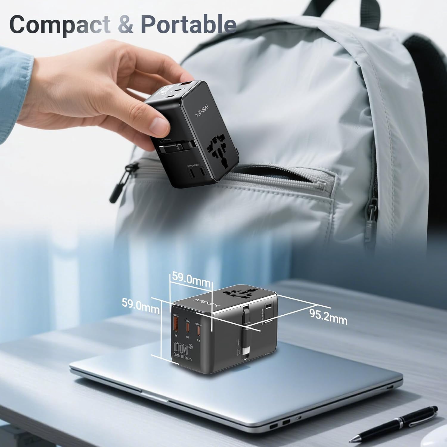 100W GaN Fast Charging Hub – 5-in-1 Multi-Port, 63cm Retractable USB-C Cable, Universal Plug Support & Dual-Fuse Safety for Global Travel MINIX TP100C