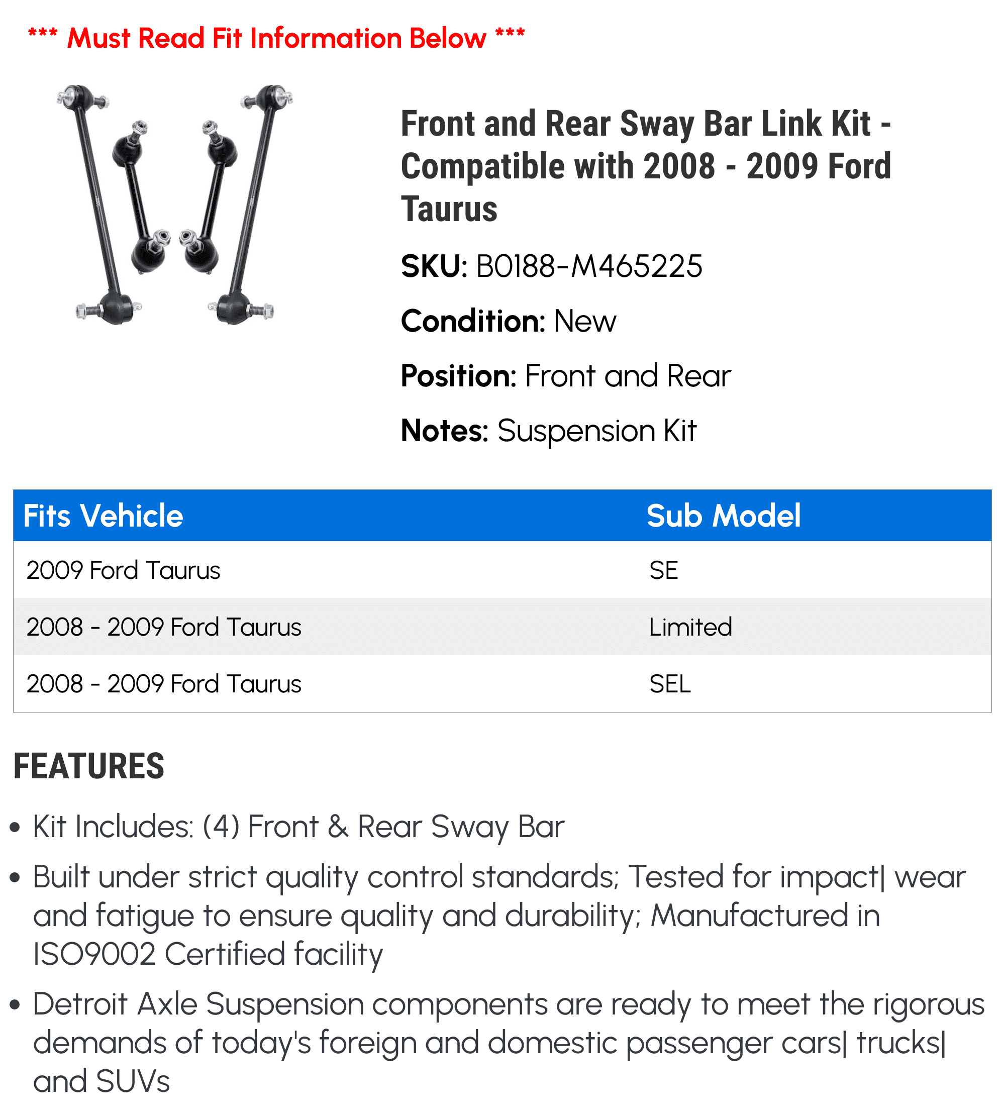 Front and Rear Sway Bar Link Kit - Compatible with 2008 - 2009 Ford Taurus