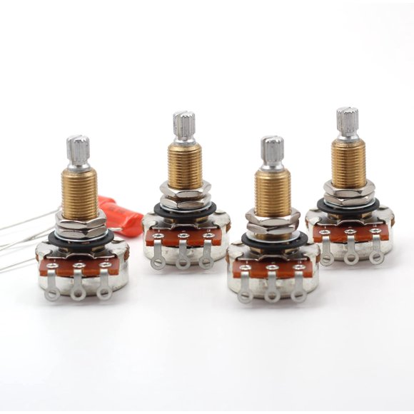 (4x) Potenciómetros de audio de eje dividido largo Bourns 500K + (2x) Condensadores de caída naranja de .022uf - Para guitarra eléctrica