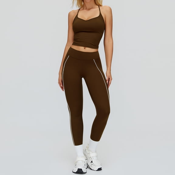 PISONIC 2pcs Set Women's Yoga and Running Fitness Suit | Color Block Contrast Backless Sports Tank Top and Long Pants, Quick-Dry Breathable Fabric, Medium Stretch, Suitable for All Seasons