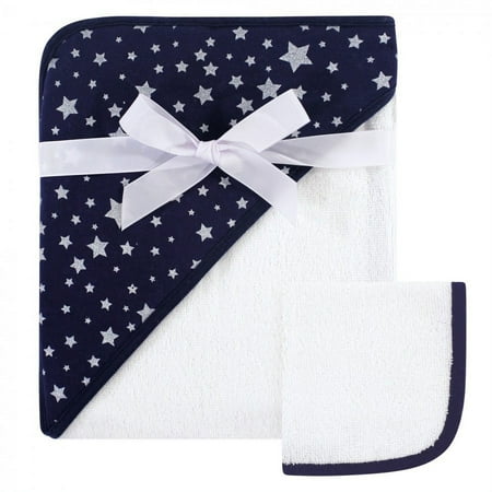 UPC: 0660168571288 | Hudson Baby Infant Cotton Hooded Towel and Washcloth 2pc Set Navy Silver Star One Size