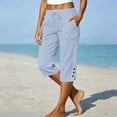 thumbnail image 4 of Linen Capris for Women Lightweight Pedal Pushers Gaucho Pants Gauze Pettie with Pockets Palazzo with Drawstring Loose Fit Elastic High Waisted Womens Straight Leg Casual Lounge Trousers Light blue, 4 of 5