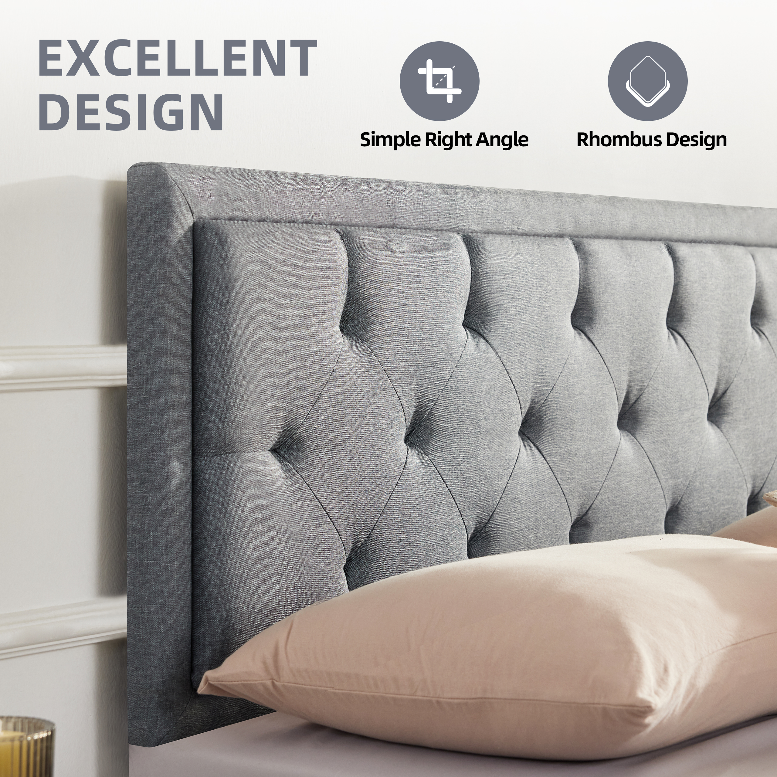 Weture Panel Headboard, Queen, Linen, Adjustable Height, Lightgrey