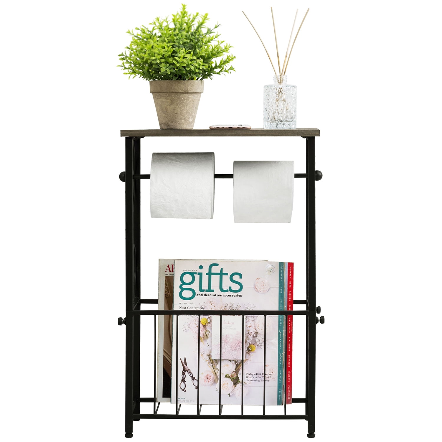 MyGift Toilet Paper Roll Holder Stand and Magazine Organizer Rack with Gray Solid Wood Display Shelf, Freestanding Bathroom Storage, Scrollwork Black Metal