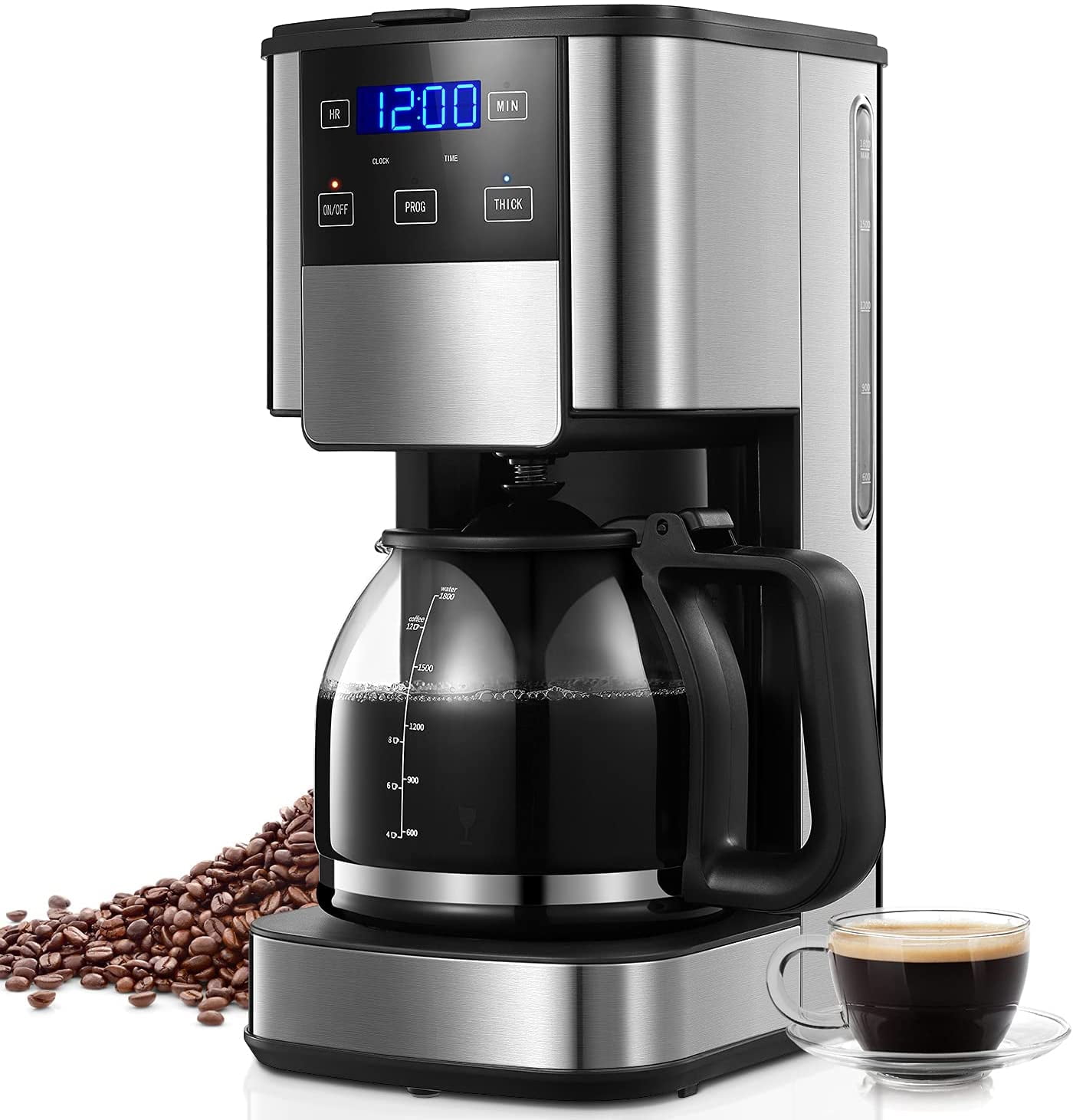 12-Cup Drip Coffee Maker with Reusable Filter & Coffee Scoop, Large Capacity,  Bl