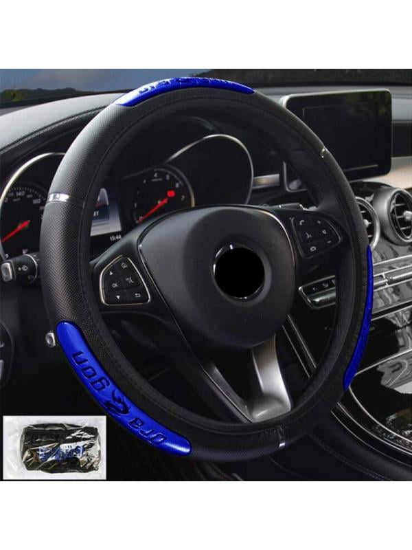 Fit 38CM Carbon-Fiber Leather Car Steering Wheel Cover Non-slip Blue & Black 