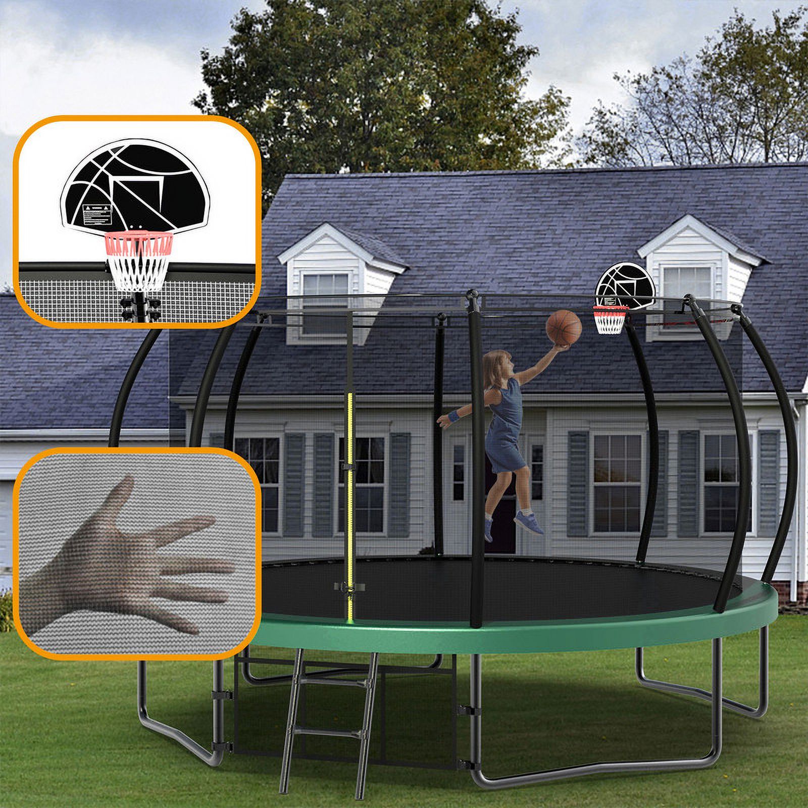 Aukfa 12FT Trampoline with Basketball Hoop for Kids, Outdoor Pumpkin Trampoline with Enclosure for Backyard - Green