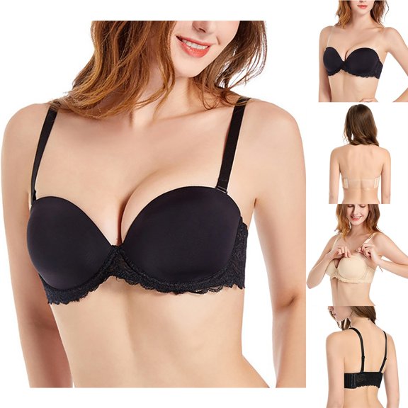 VISALY Strapless Clear Back Strap Convertible Bra with Lace Push Up Padded Backless Bra Plus Size Underwired Brassiere Low Back Strapless Bra Women Push Up Lace Trim Lifting Balconette Beige 32B