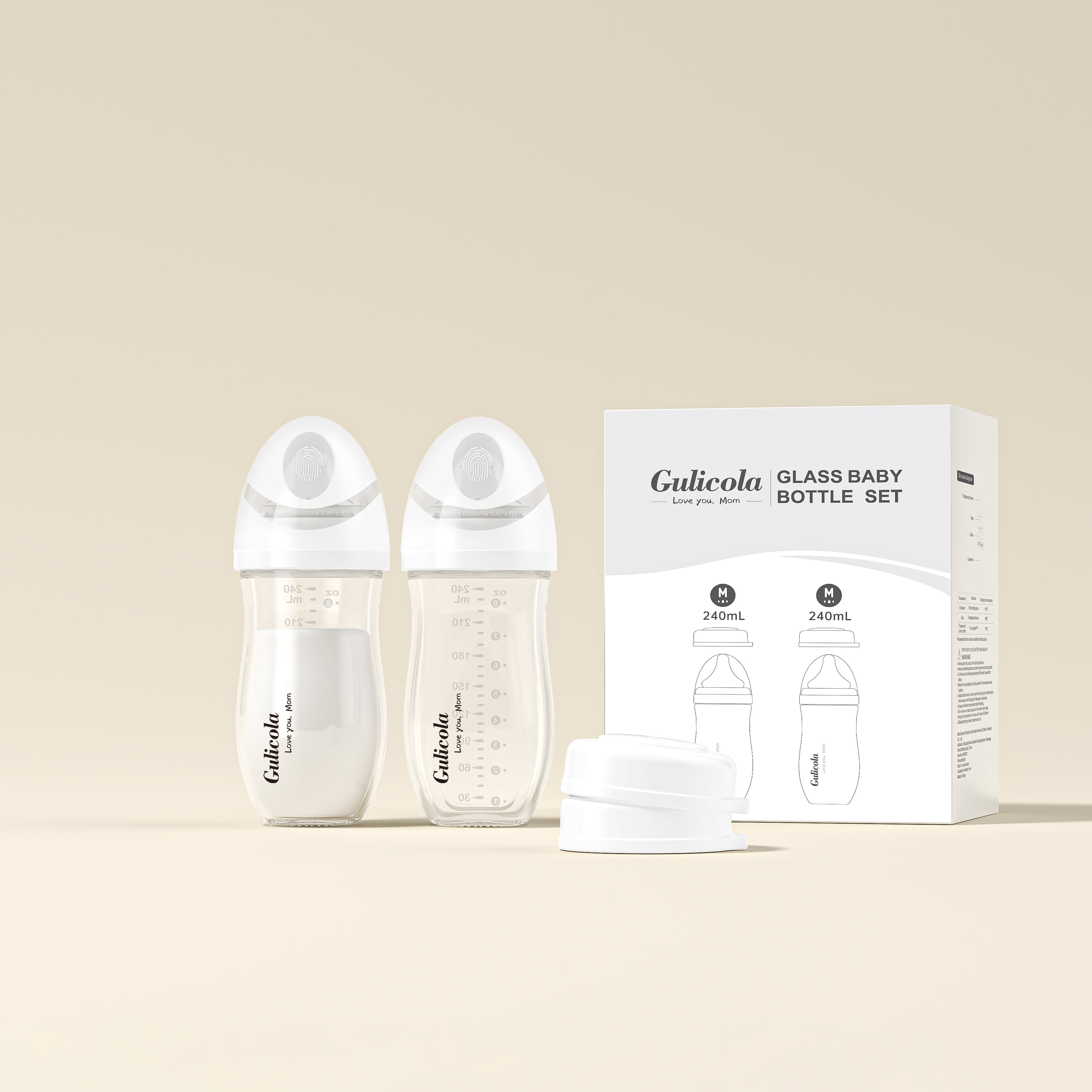 Gulicola Natural Glass Baby Bottles 8oz - Anti-Colic for Breastfed Infants, Medium Flow Nipple (3+ Months), 2-Pack Set