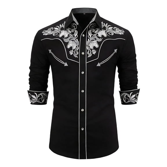 Mens Polo T-Shirt Western Cowboy Long Sleeve Embroidered Button Down Mens Graphic T-Shirts,Black1,3XL