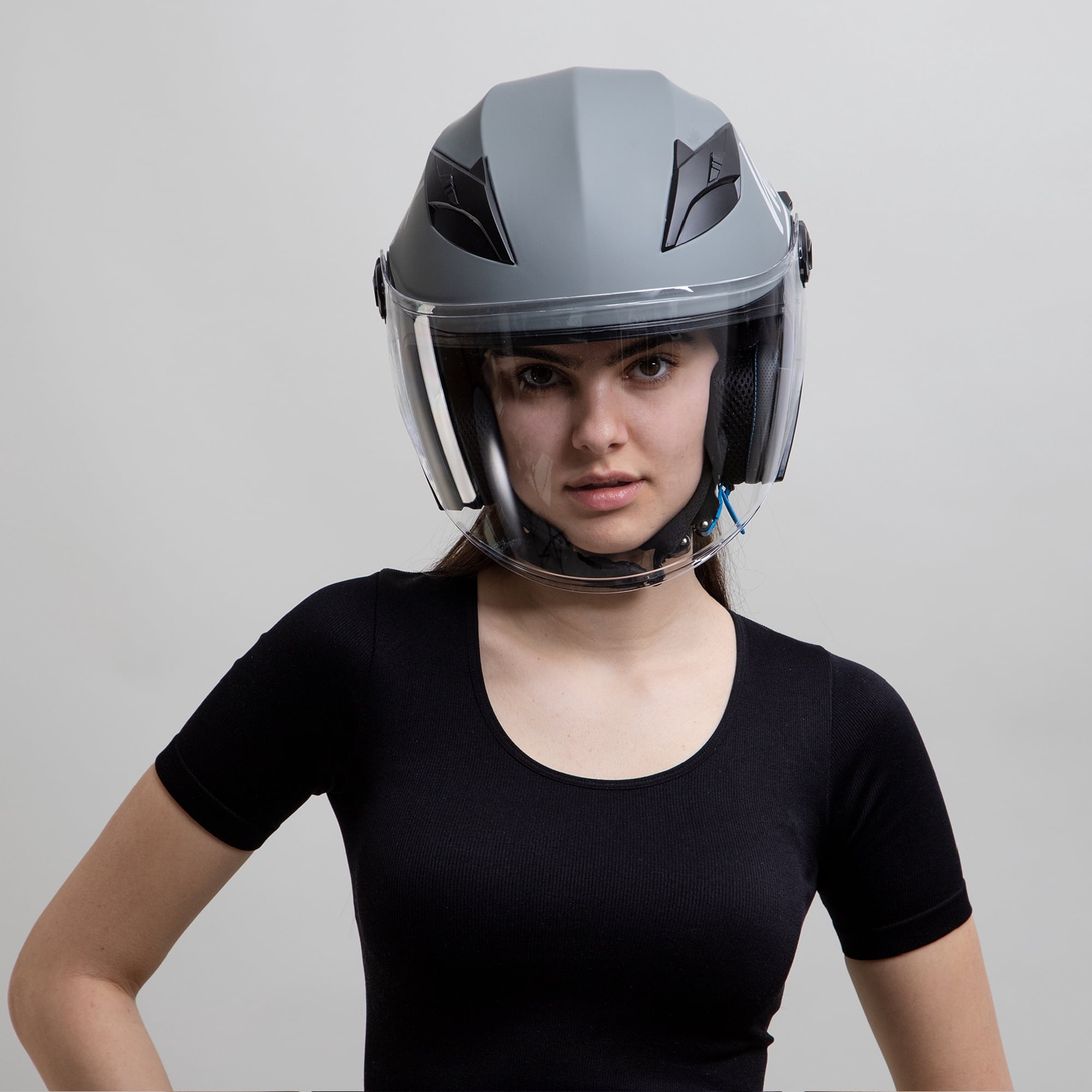 Westt Helmets for Adults– Open Face Helmet with Dual Sun Visor– Motorcycle Helmet for Men and Women DOT Approved Scooter Motorbike Street Jet Series Gray S