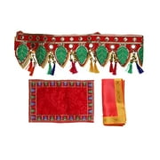 Decorative Pooja Combo Set Mango Bandanwar Fabric Leaf Toran - 40" and Red Velvet Puja cloth Mat Aasan (Size:-7"X10") / Red Silk Mat (Size:-18"X18") for Multipurpose Pooja Decoration