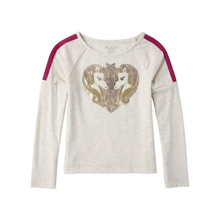 The Children's Place Girls 4-16 Stripe Shoulder Unicorn Graphic Long Sleeve High-Low T-Shirt