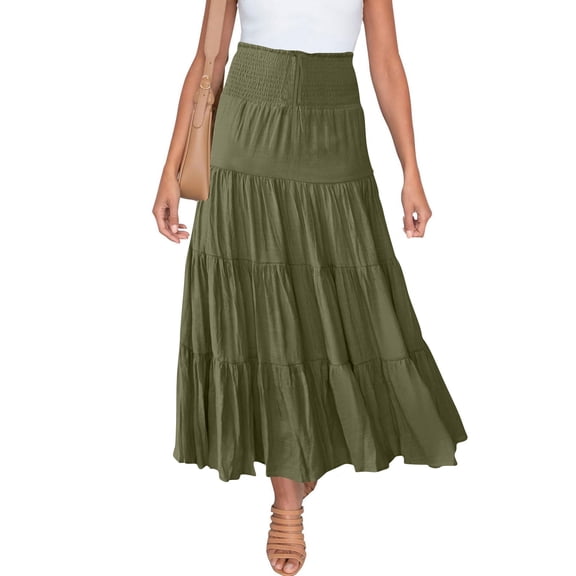 Xaqiouau Women's High Waisted Smocked Tiered Maxi Skirt Soft Lightweight Flowy Casual Boho Long Skirt for Summer Beach Vacation and Everyday Wear