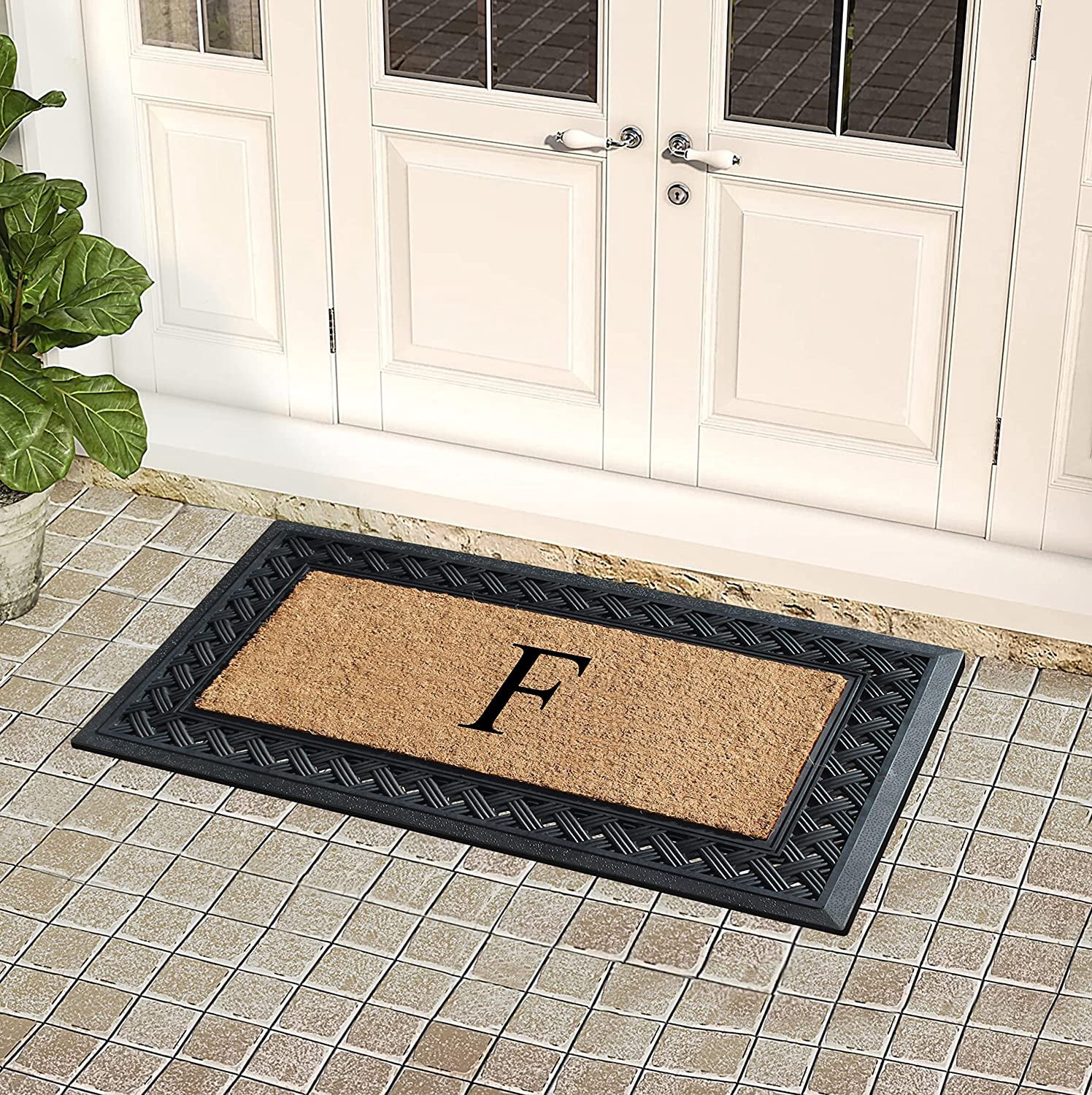 A1 Home Collections Paisley Rubber and Coir Outdoor Doormat, Non-Slip Backing, Black/Beige 23 x 38