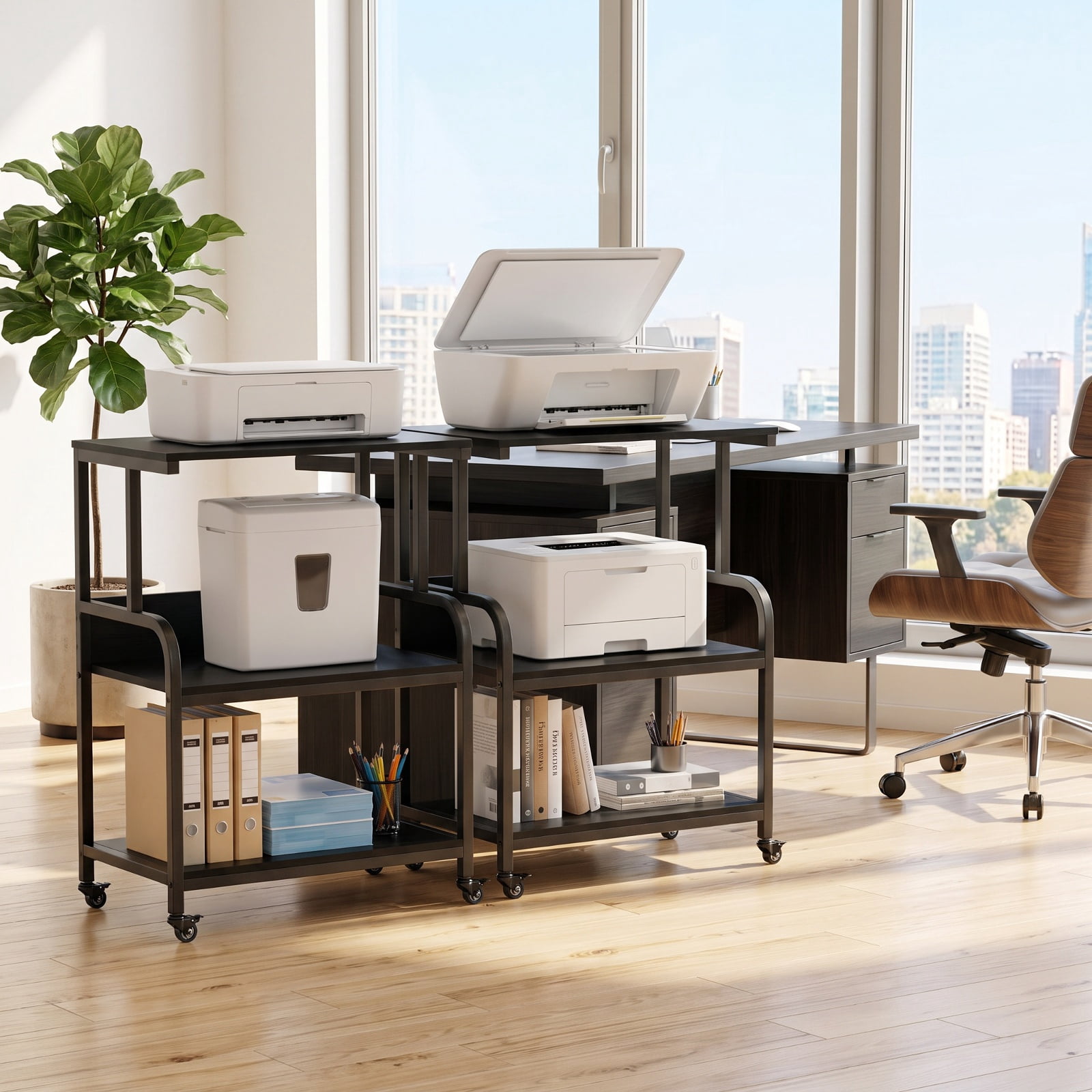 Furnibear 3-Tier Rolling Printer Stand with Adjustable Shelf and Lockable Wheels for Home Office Printer Machine Under Desk Storage, Black