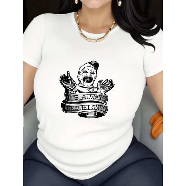 Women's Horror Cartoon Print Short Sleeve T-Shirt - "IT's ALWAYS QUIET ONES" Graphic Tee, Casual Crew Neck, Soft Cotton Blend, Black with White Design, Perfect for Casual Attire, Casual Wear | Edgy C