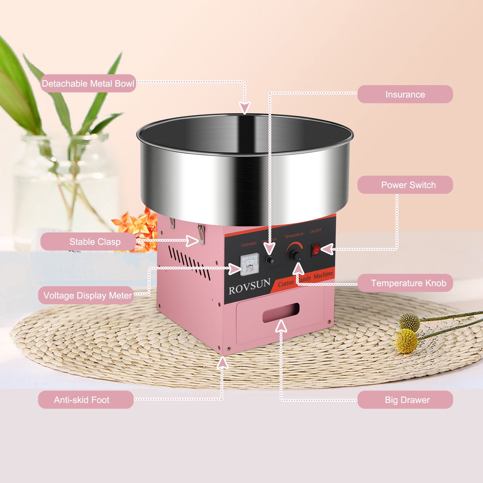 ROVSUN Cotton Candy Machine Maker 21 Inch Stainless Steel Bowl, Electric Candy Floss Maker Machine w/Sugar Scoop and Large Storage Drawer for Commercial Home Party Carnival, Pink