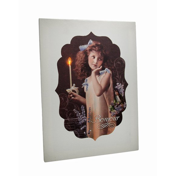 Style Vintage Bonjour Bougie Vacillante Fille Impression sur Toile LED