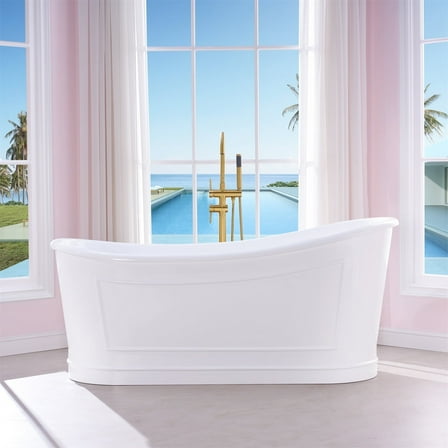 ANGELES HOME 66" Acrylic Freestanding Bathtub, Soaking White Bathtub with White Drain and Integrated Slotted Overflow Included, Glossy White