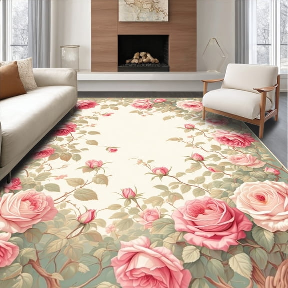 ODIKA 4'x6' Machine Washable Non-Slip Area Rug, Blossoming Garden Delight Accent with Delicate Rose High Traffic Rug, Pink, 218874