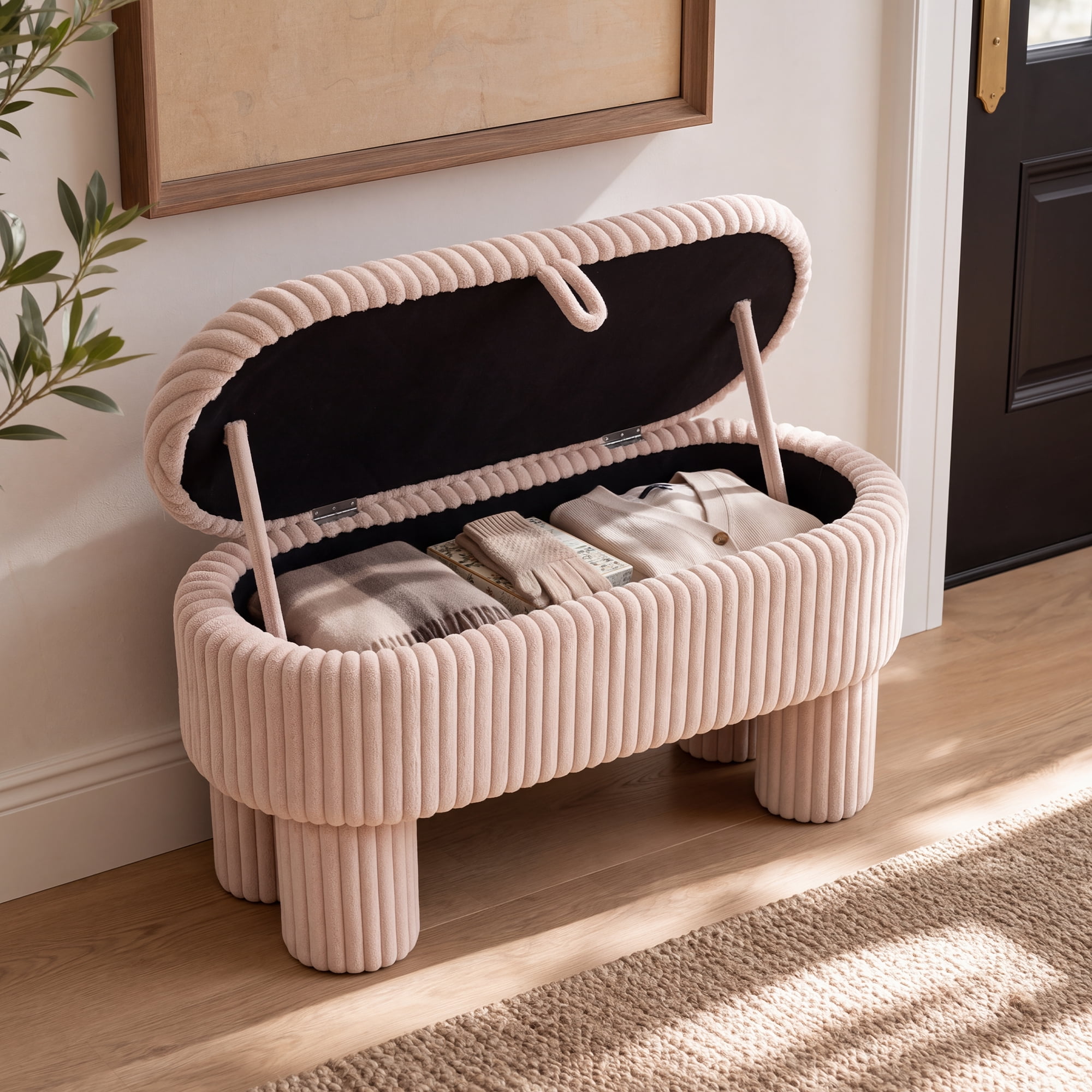 Euroco Modern Storage Ottoman Bench,Corduroy Upholstered Entryway Shoe Bench, End of Bed Bench for Living Room Bedroom,Pink