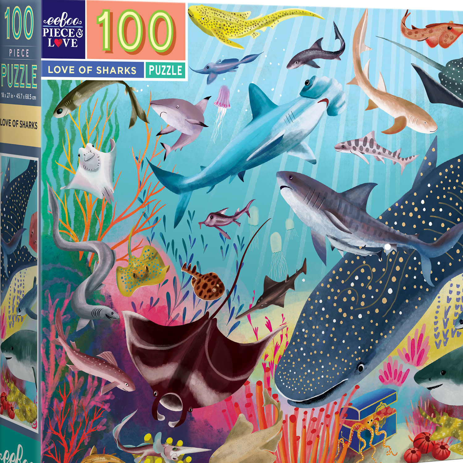 eeBoo Love of Sharks 100 Piece Puzzle with Poster for Kids, 27" x 18" once completed, 5 Years and Up.