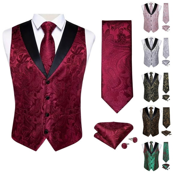 VBTAPA Men's V-Neck Suit Vests Formal Dress Vest Paisley Jacquard Tie Waistcoat Hanky Set for Holiday Party Wedding Gold M