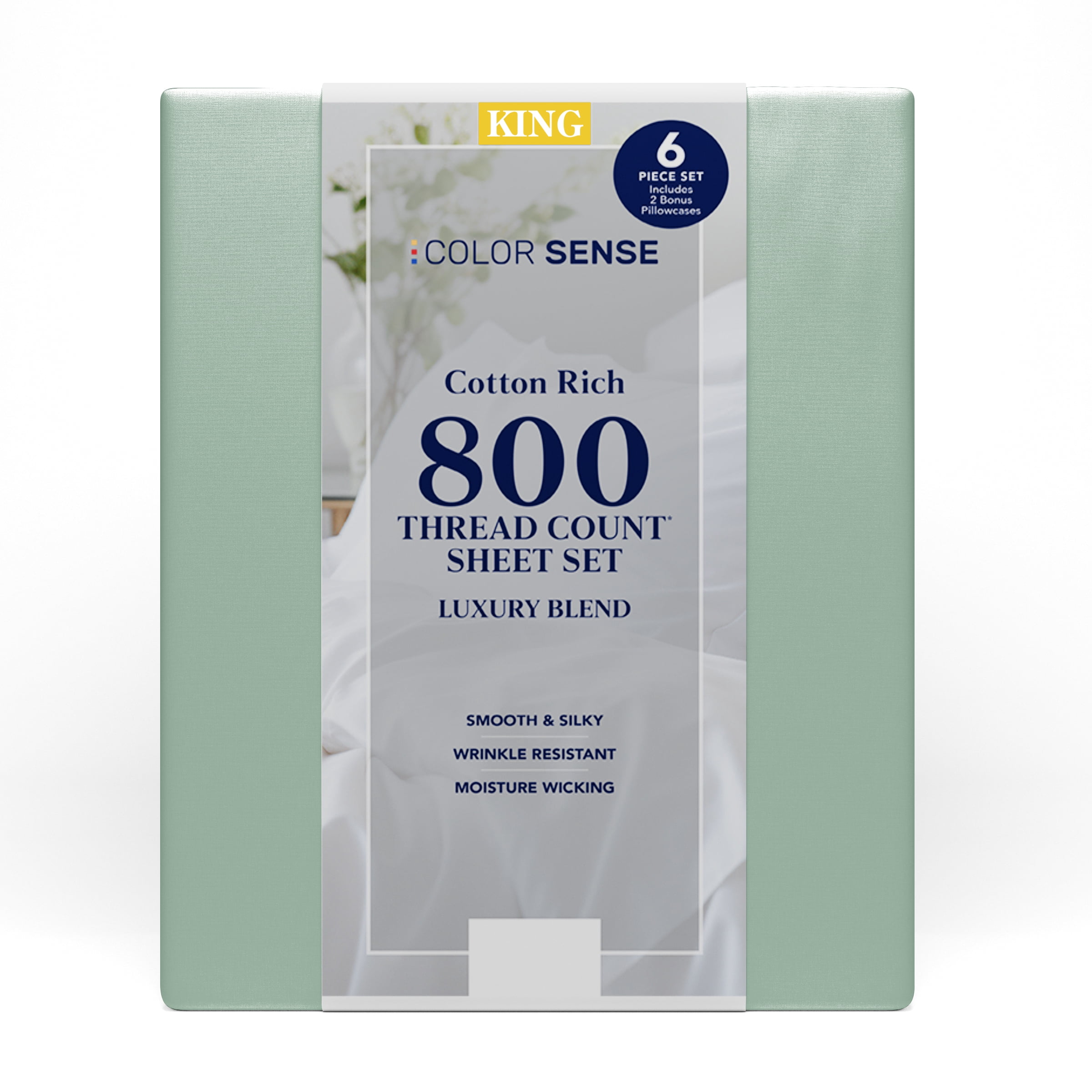 Color Sense 6-Piece 800 Thread Count Green Cotton Rich Adult Bed Sheet Set, King - Deep Pocket