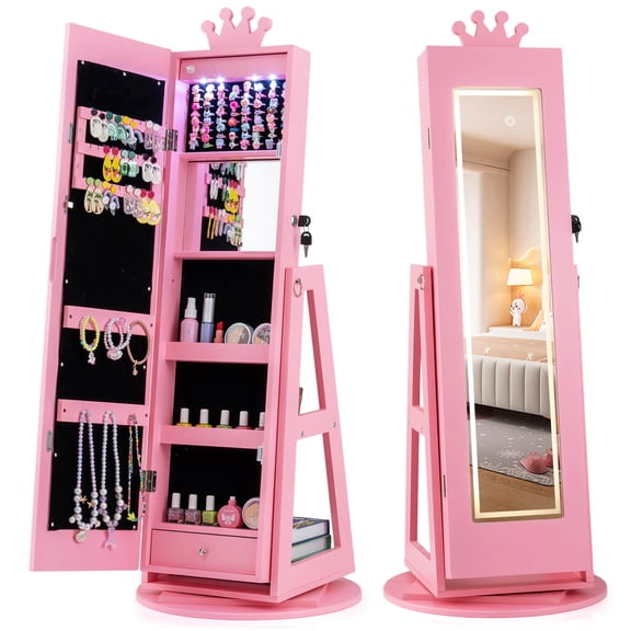 Infans Swivel Kids Jewelry Cabinet with Lights, Full-Length Mirror & Built-in Mirror