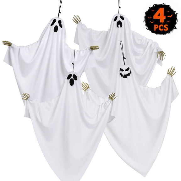 Halloween Hanging Ghost Decor with Skeleton Hands, Cute Flying Ghosts for Halloween Front Yard Patio Lawn Garden Party Décor and Holiday Hanging Decorations 4 Pcs