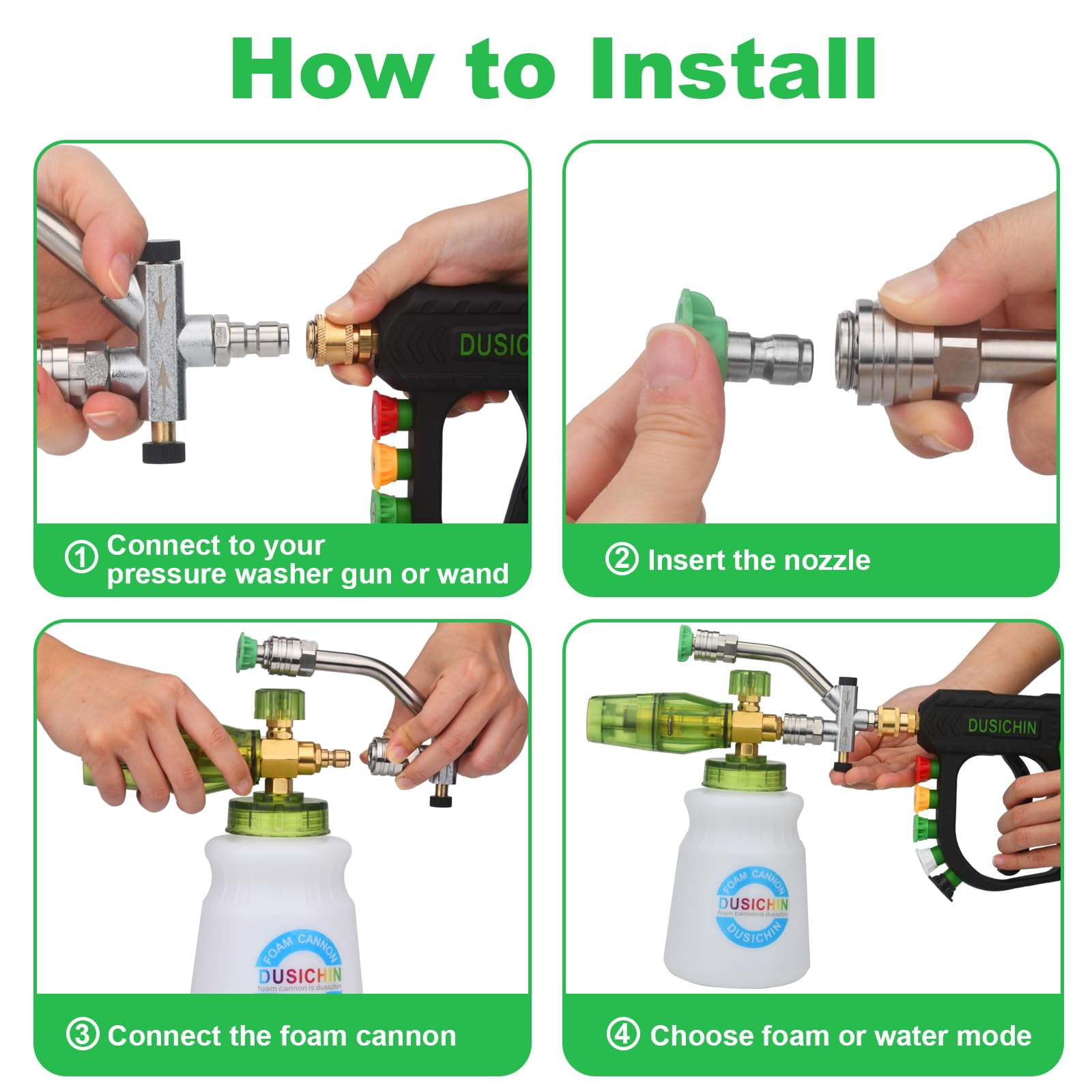 DUSICHIN Short Pressure Washer Gun with Foam Cannon,Dual Connector Accessory, Car Wash Foam Cannon Kit 1/4 Inch Quick Connector, 5 Pressure Washer Nozzle Tips,Double Tip End For Soap Cannon DUS2703