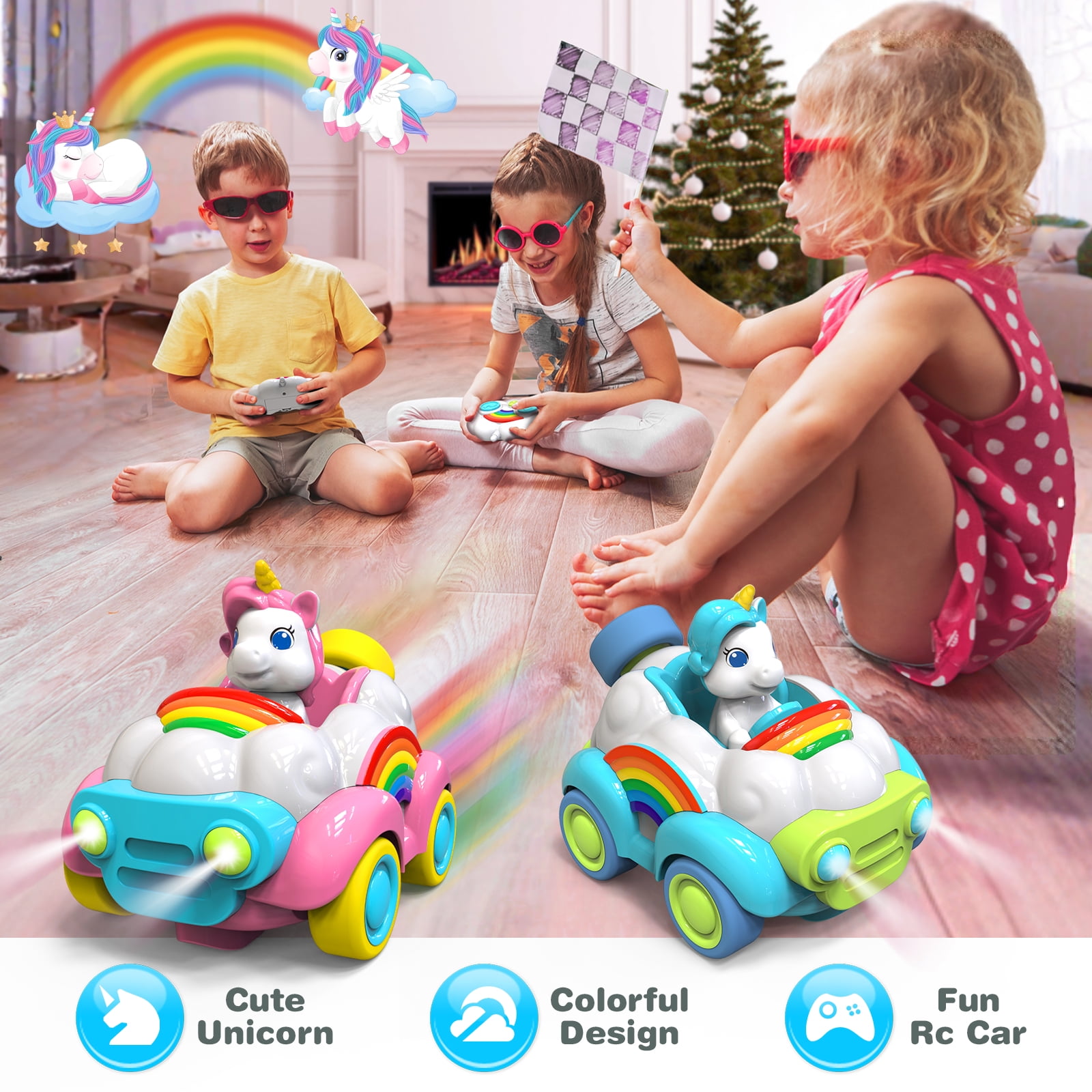 Beefunni Unicorn Toys for Girls Age 3-6, 2 Pack Remote Control Car for Tollders, RC Cars with LED Lights, Music & Sound, Christmas Birthday Gift for Kids (Pink and Blue)